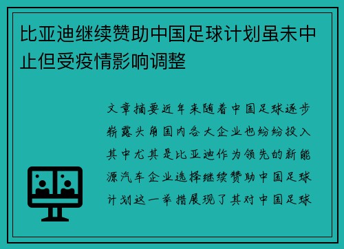 比亚迪继续赞助中国足球计划虽未中止但受疫情影响调整